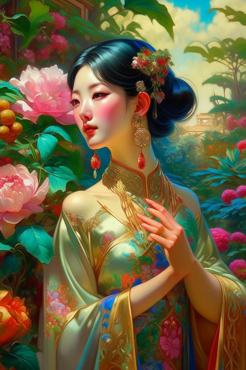 A very beautiful Chinese woman in the garden? unusual flowers, very cute, smooth, active sequins, elegant fantasy, intricate, 8k, oil on canvas, beautiful, high detail, fantastic view, hyperrealistic, over-detailed, clear quality, colorful, artgerm, Alphonse Mucha, Catherine Abel. Catherine Welz Stein. Dmitry Vishnevsky. Gustav Klimt, R. Giger. Jacek Yerka. Josephine Wall, Carrie Ann Baade