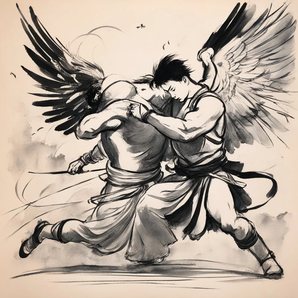 [traditional Chinese brush, expressive line, ink washes] Jacob wrestling with angel