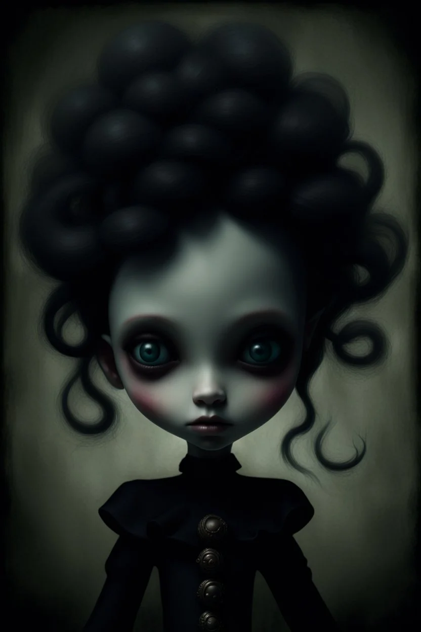 MJ P: 3D-rendered painting portrait freak in the style of Tim Burton and art style dark-fantasy Nicoletta Ceccoli style the image features a character from a dark fantasy, otherworldly charm with exaggerated features