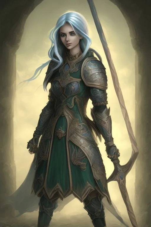 Female moon elf twilight cleric in dark green armour with blueish curly hair and white eyes