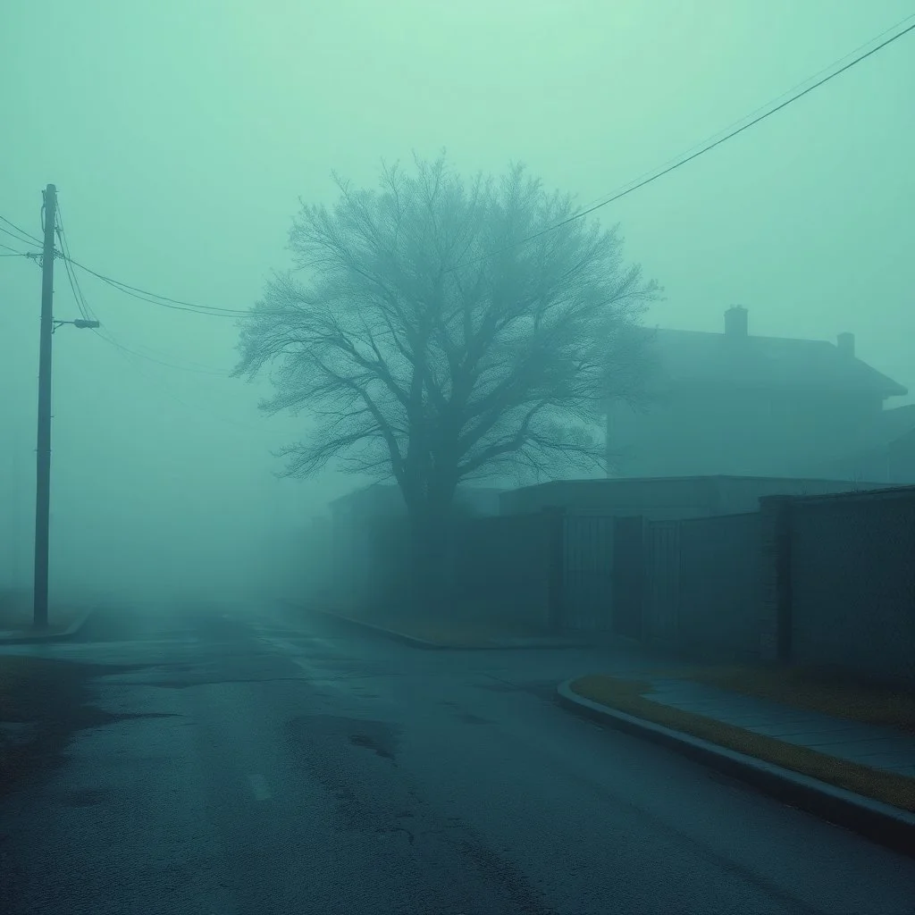 A schematic, nostalgic, Hyeronimus Bosch style cupo horror vaporwave-style image of a dimly lit, foggy street in the outskirts with a pastel blue and brown color scheme. The street has a textured, rough surface. There is a tree in the corner. The background contains a few buildings. The overall atmosphere is eerie and foggy.