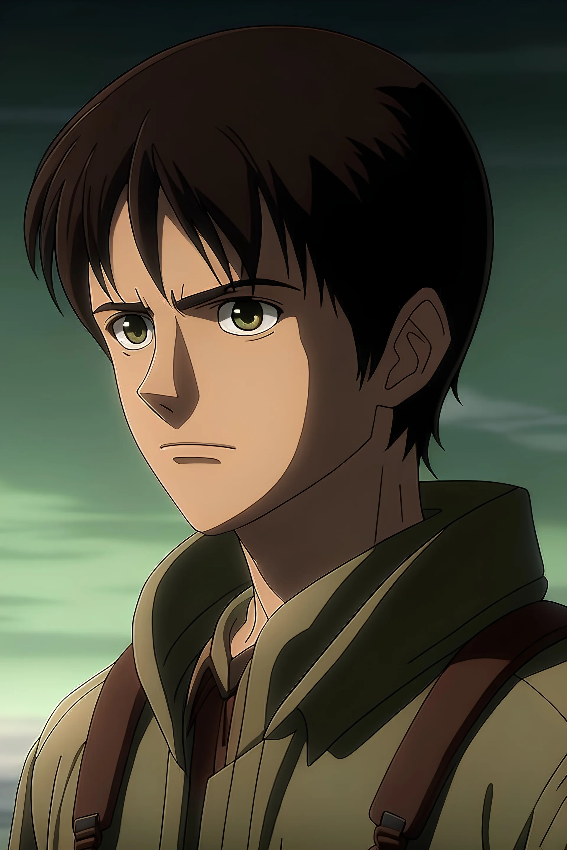 Attack on Titan screencap of a young male with small body, short, Black straight short hair skin tone is black, eye color is black , face shape is armin-like face, Scenery is (beautiful, intense, warm, nighttime, etc.). He is wearing a (outfit of choice). (WIT/MAPPA) Studios (season 1, season 2, season 3, season 4) screencap.