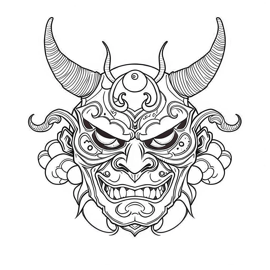 White, minimalis line art , oni mask japanes scarry, vector, white background, outline, with images neatly contained within the background, just black and white color,