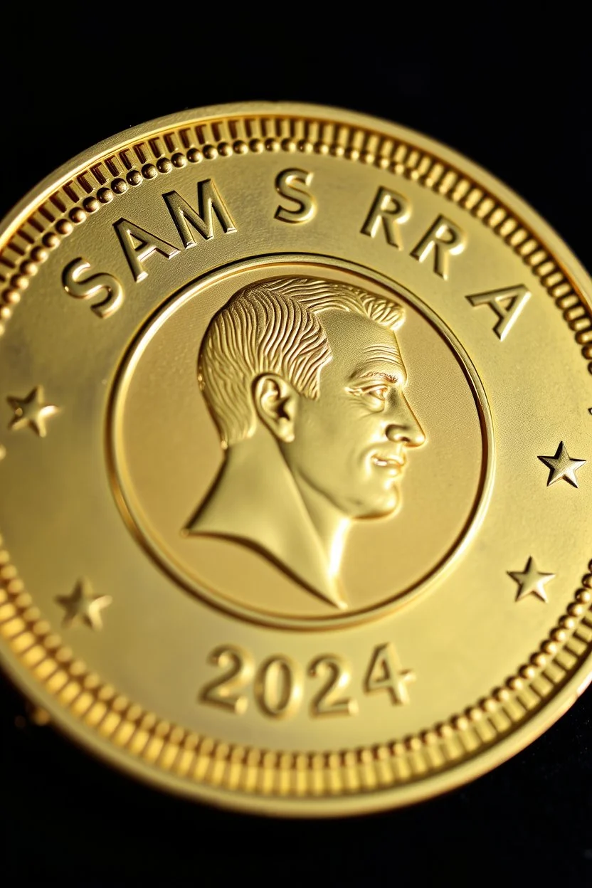 view of the word, Sam, Samarrrai , on a gold coin ,with picture of , man head , 2024 ,in the middle of the coin.