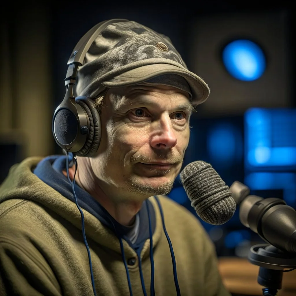 Christer Solvang, norwegian sami rapper in silver gloden studio and with a tiny weird hat, young dark and handsome, with thick hairy eyebrows, and tiny mic, directing a debate, photo-realistic, shot on Hasselblad h6d-400c, zeiss prime lens, bokeh like f/0.8, tilt-shift lens 8k, high detail, smooth render, down-light, unreal engine, prize winning