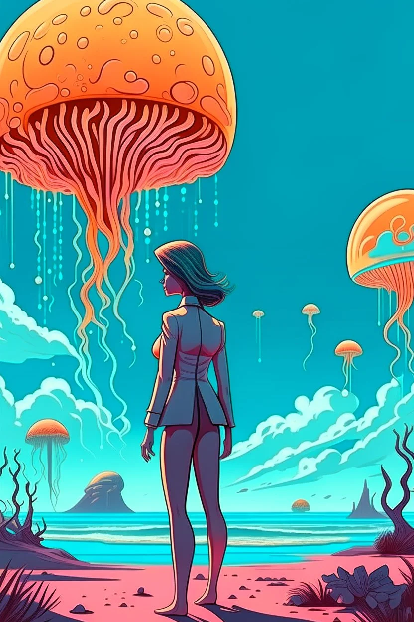 woman in a form-fitting suit, standing on a beach of an alien world, watching mushrooms with jellyfish tentacles in the sky