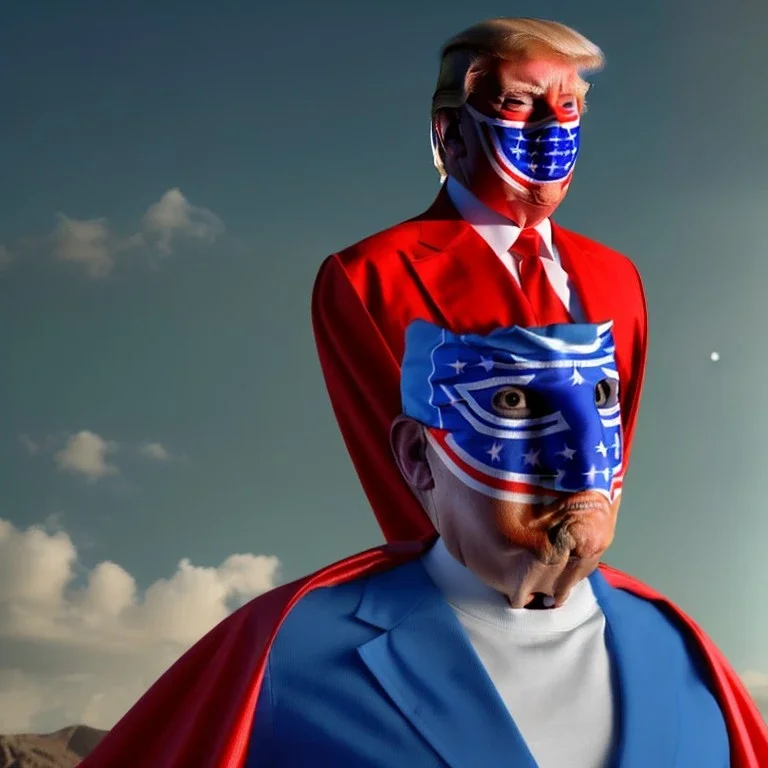 realistic image of donald trump as a mexican wrestling fighter posing outdoors, Mexican eyes wrestling mask, red and blue breeches, confederate flag cape, retro style, 80s, vibrant color, highly detailed, sky background, concept art, unreal engine 5, god rays, ray tracing, RTX, lumen lighting, ultra detail, volumetric lighting, 3d, finely drawn, high definition, high resolution.