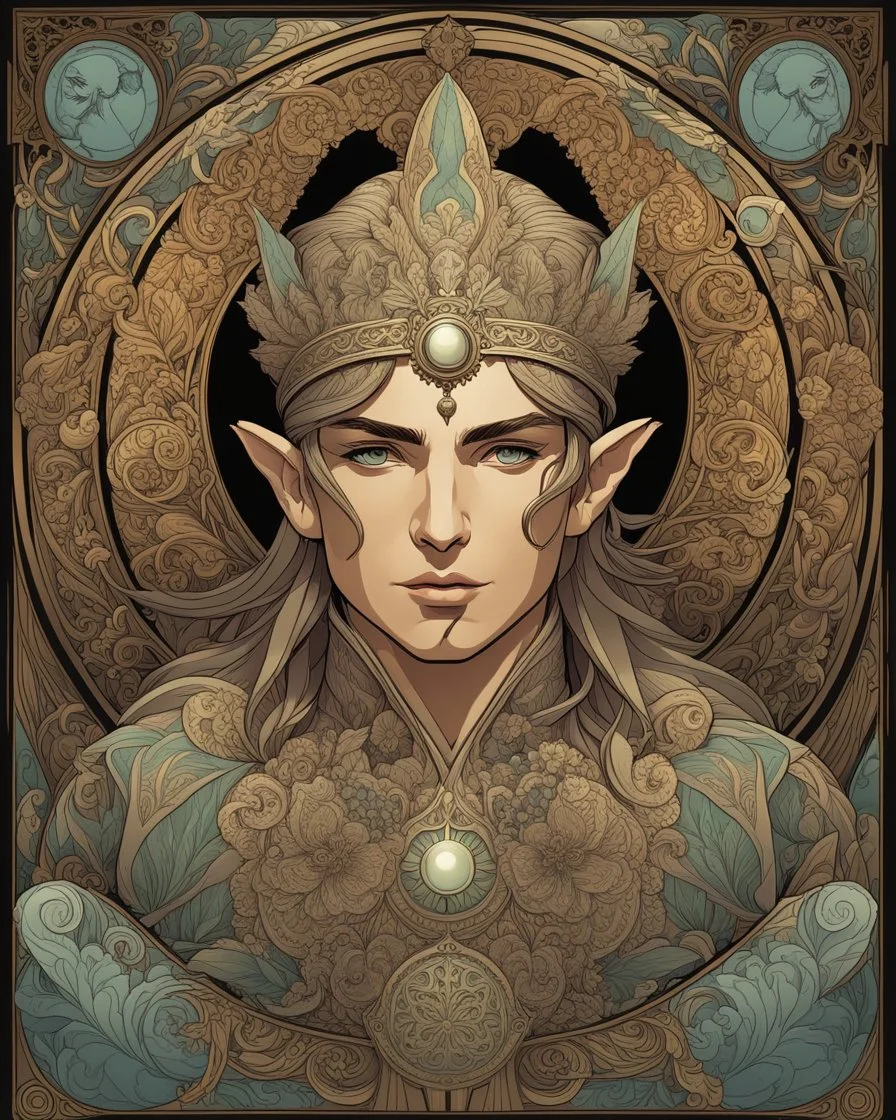 Elf man centered | symmetrical | key visual | intricate | highly detailed | iconic | precise lineart | vibrant | comprehensive cinematic | alphonse mucha style illustration | very high resolution | sharp focus | poster | no watermarks full body