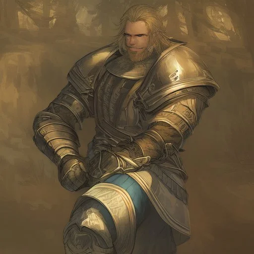 A nord male battlemage from Skyrim, partial plate nordic armor, blond hair of medium length, hearty, smiling, thick short beard