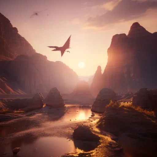 Petra, Ürdün, sunset, fantasy art, flying birds, springs, landscape, beautiful, realistic, hyper detailed, unreal engine 5, octane render