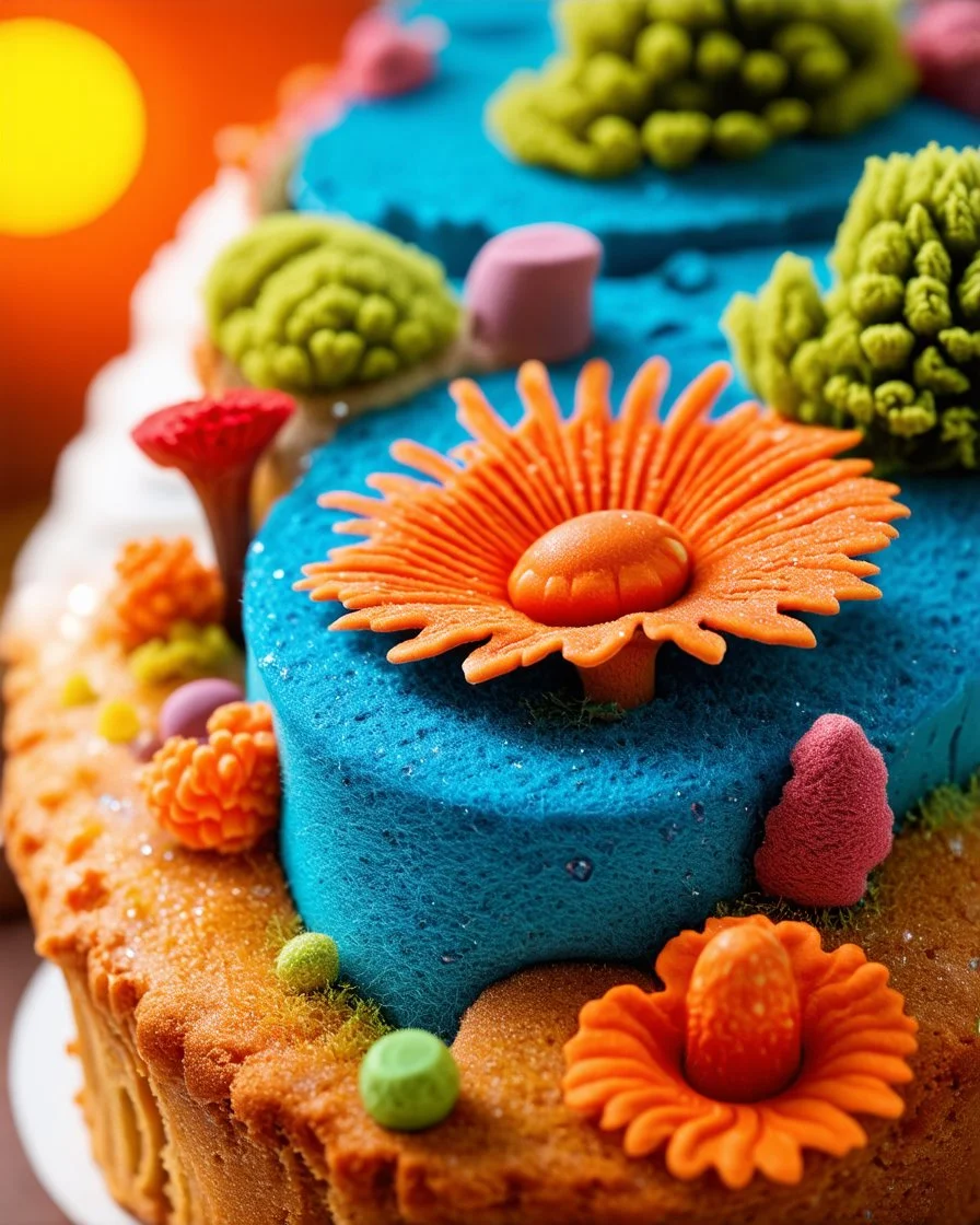 Close-up photograph of detailed creepy landscape made of cake-frosting and felt, crystallizations, hyper detailed human figure, animals, crystallized plants, fungi, crystals, mineral concretions, sun, Amano, Roger Dean, strong texture, Ernst Haekel, extreme detail, intricate, colours, Max Ernst, Sam Raimi, rich moody colors, sparkles, octane render, bokeh, 33mm photography