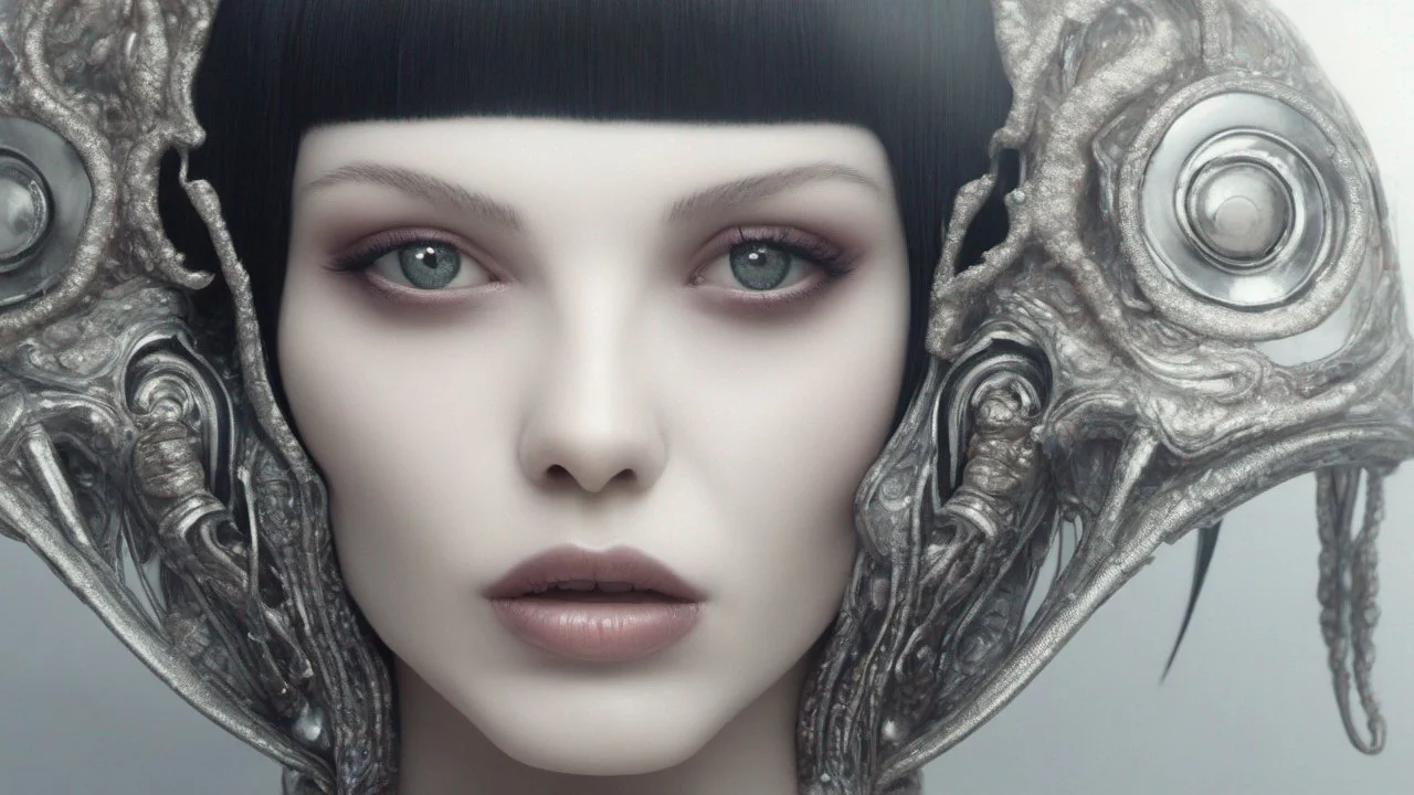 pale alien woman wearing exotic clothing. Black hair bob