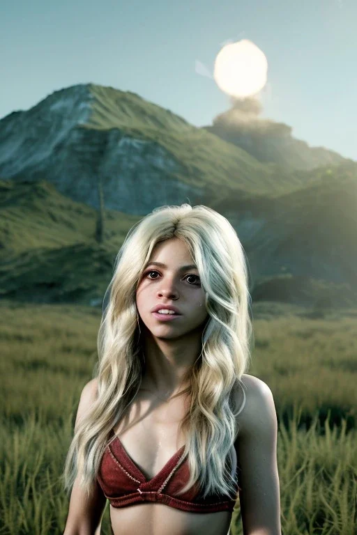 Shakira, artist, 30 years old, Realistic image, waist up portrait, blonde, loose long hair, wind, eyes make up, perfect, glow, circle iris. concept art, smooth, unreal engine 5, god lights, ray tracing, RTX, lumen lighting, ultra detail, volumetric lighting, 3d, finely drawn, high definition, 4k.