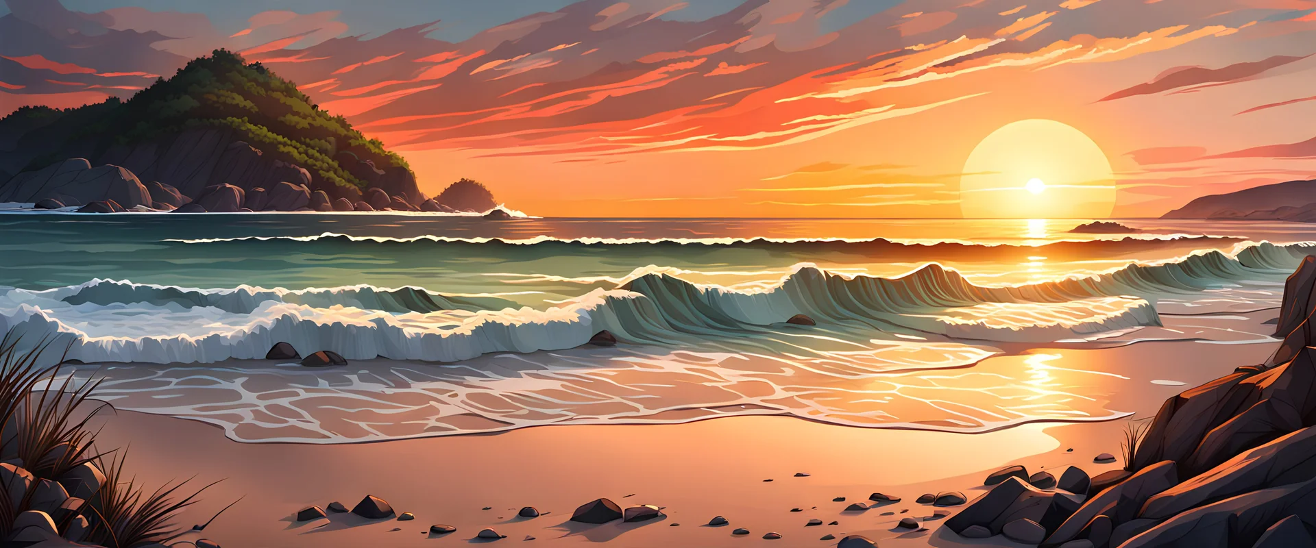 beach, intricated details, sunset, hill background, realistic painting style, dramatic lighting