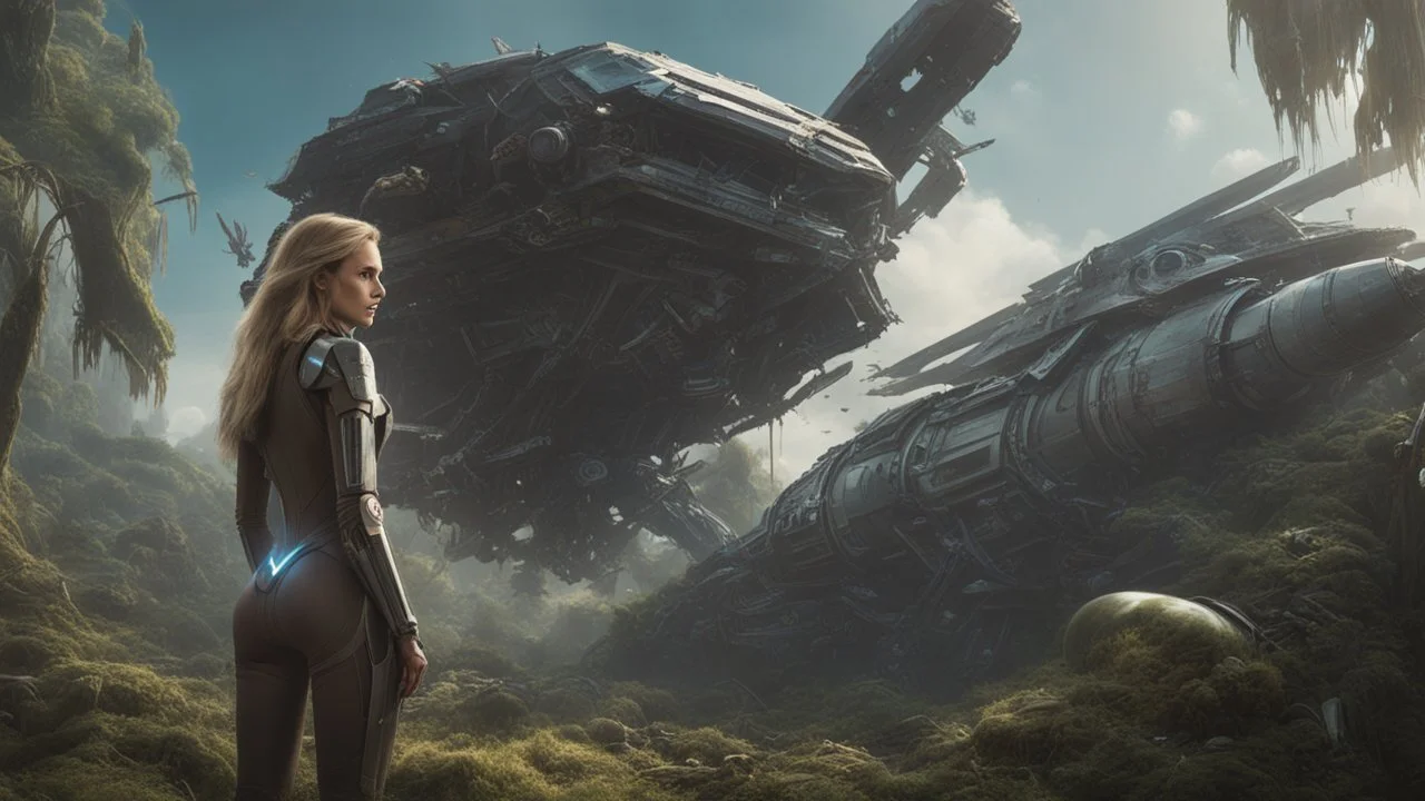 Wide-angle, woman with straight hair, dressed like a robot, with equipment in her hands, next to a crashed spaceship, in a clearing on an alien jungle world