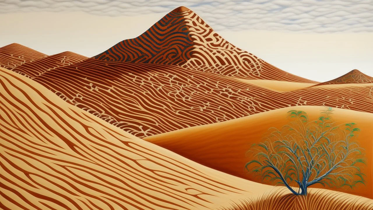 A brown desert dune near a mountain designed in Australian aboriginal art painted by Guo Xi