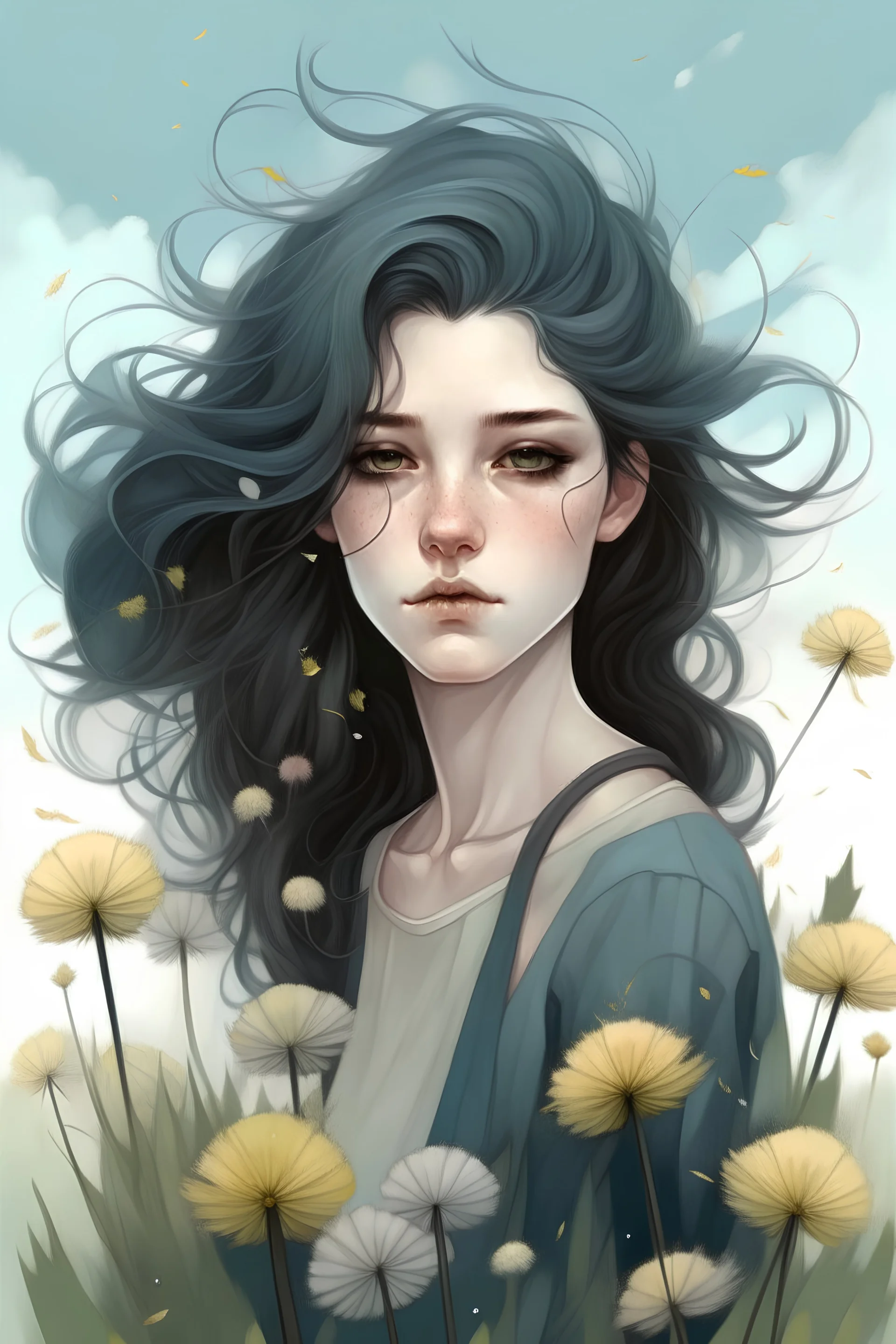 a dramatic girl with wavy black hair and dandelions in pastel