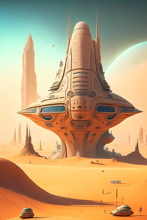 spaceship in an alien desert city surrounded by strange tall buildings