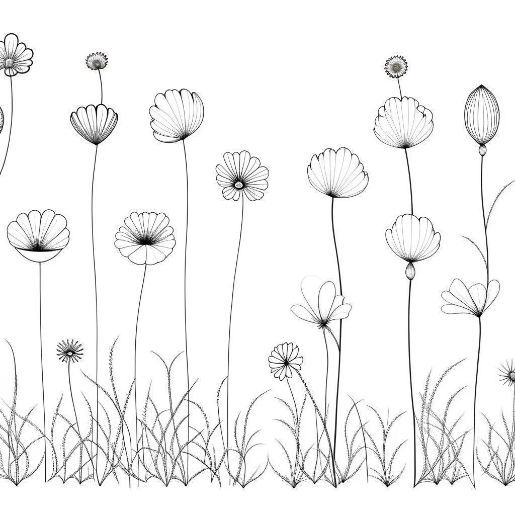 set of grow wind flowers on the grace, SIMPLE ONE lineS art, white background, minimalis, different view, only white bakcground solid.