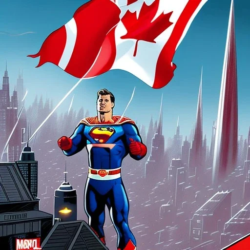 Canadian superhero throwing syrup bottle comic book art, background is a city with a Canadian flag under attack,comic book art, art style by dark horse comics, high resolution, 8k