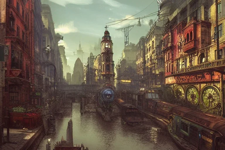 Corner Elevated Train run raid Train Canal River and corner shop greengrocer in colorful Italian street+Gothic city+BioShock+Dishonored+Bloodborne +trieste+Edinburgh+Chicago+victorian London+decòpunk Skyscraper+ +steampunk+biopunk+alphonse mucha, greg rutkowski,matte painting, cryengine, hyper detailed, felix kelly, fantasy art, seb mckinnon