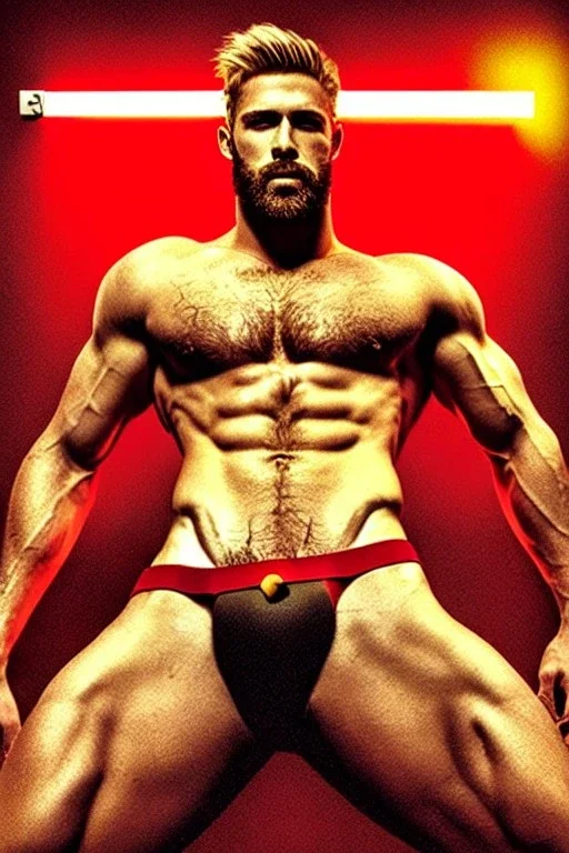 Ignore NSFW, teenager young rugged attractive slightly muscular fantasticly handsome blonde man, red briefs with yellow belt, hairy chest, (((visibly pisssing))) briefs, large erect visible boner peniss, photorealistic, artist Jay Anacleto, soft lighting, scruffy beard