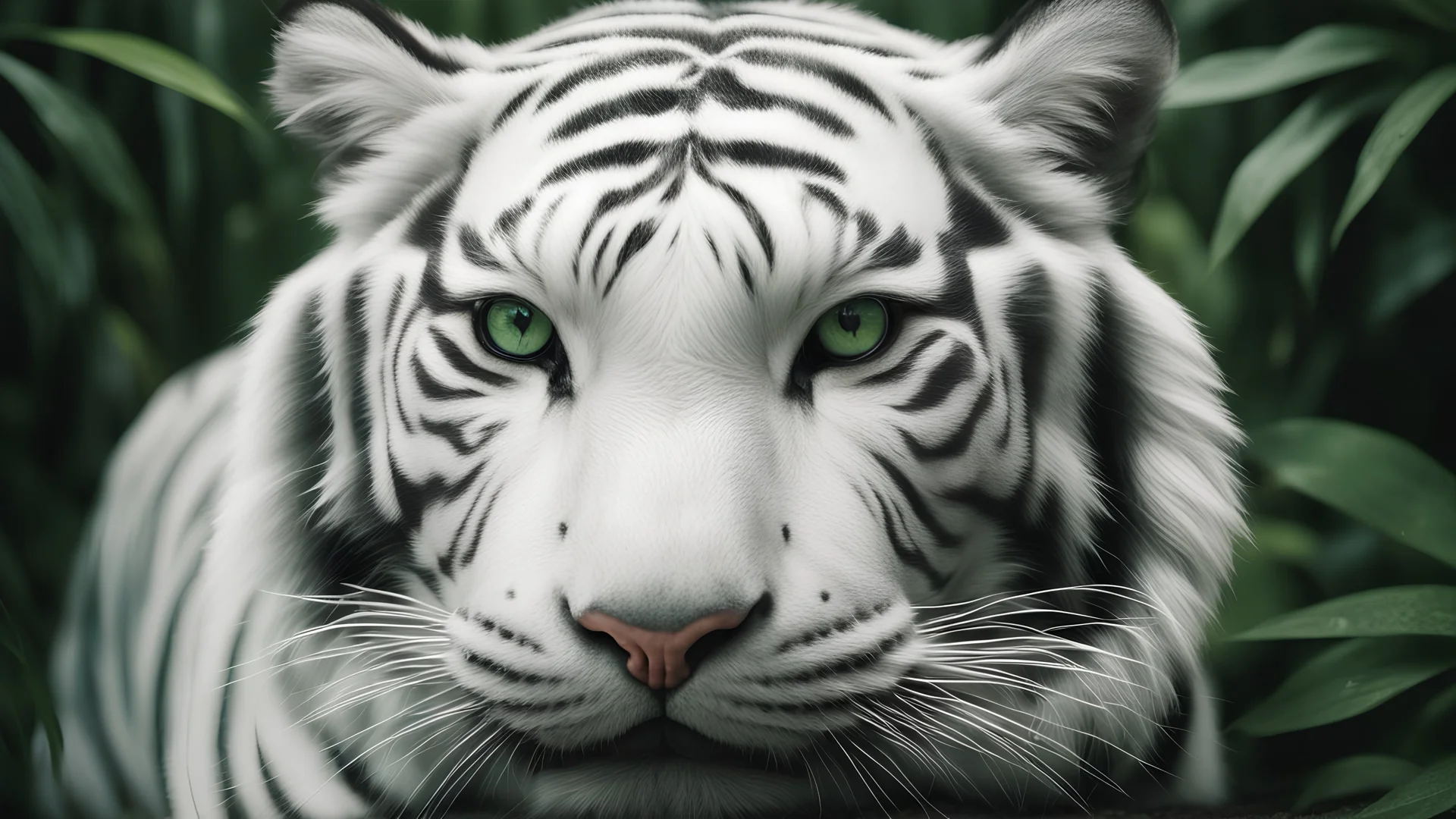 Cinematic, Macro photography, national geographic, symmetrical close-up portrait shoot in green jungle of an white tiger, anamorphic lens, ultra realistic, green-core, junglecore