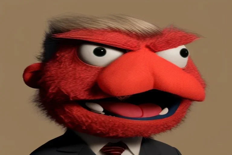 Angry muppet trump in suit, no tongue, looking forward, face, smaller, round puffball nose, eyebrows, no teeth, small small small nose