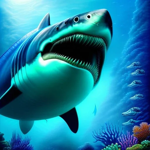 ultra detailed fullbody portrait of ALIEN SEA MONSTER MEGALODON underwater, extremely detailed digital painting, intrincate, extremely detailed face,crystal clear Big eyes, in the style of Kaare Andrews, mystical colors , perfectly centered image, perfect composition, rim light, beautiful lighting, 8k, stunning scene, raytracing