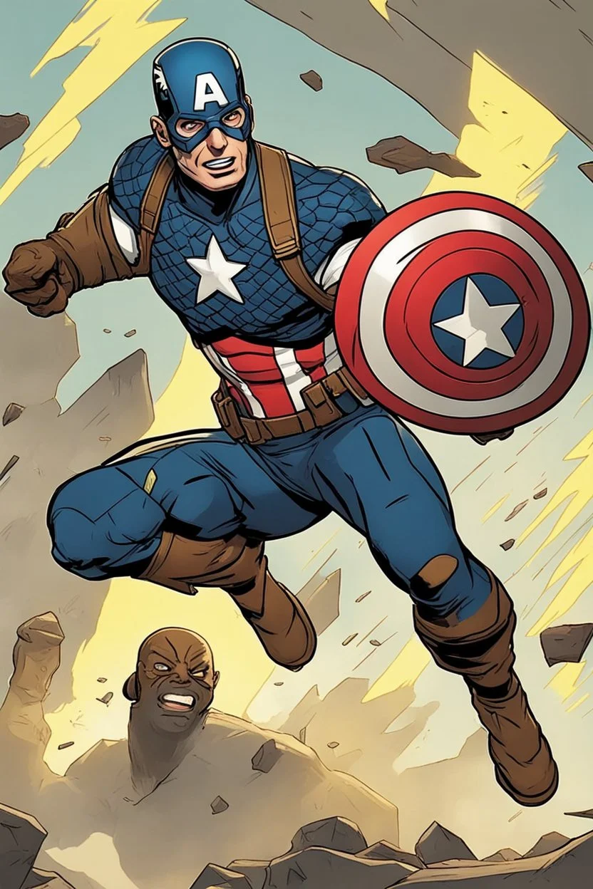 Create a picture of captain america falling from the skye to a pit next to reverse Flash animated like fortnite