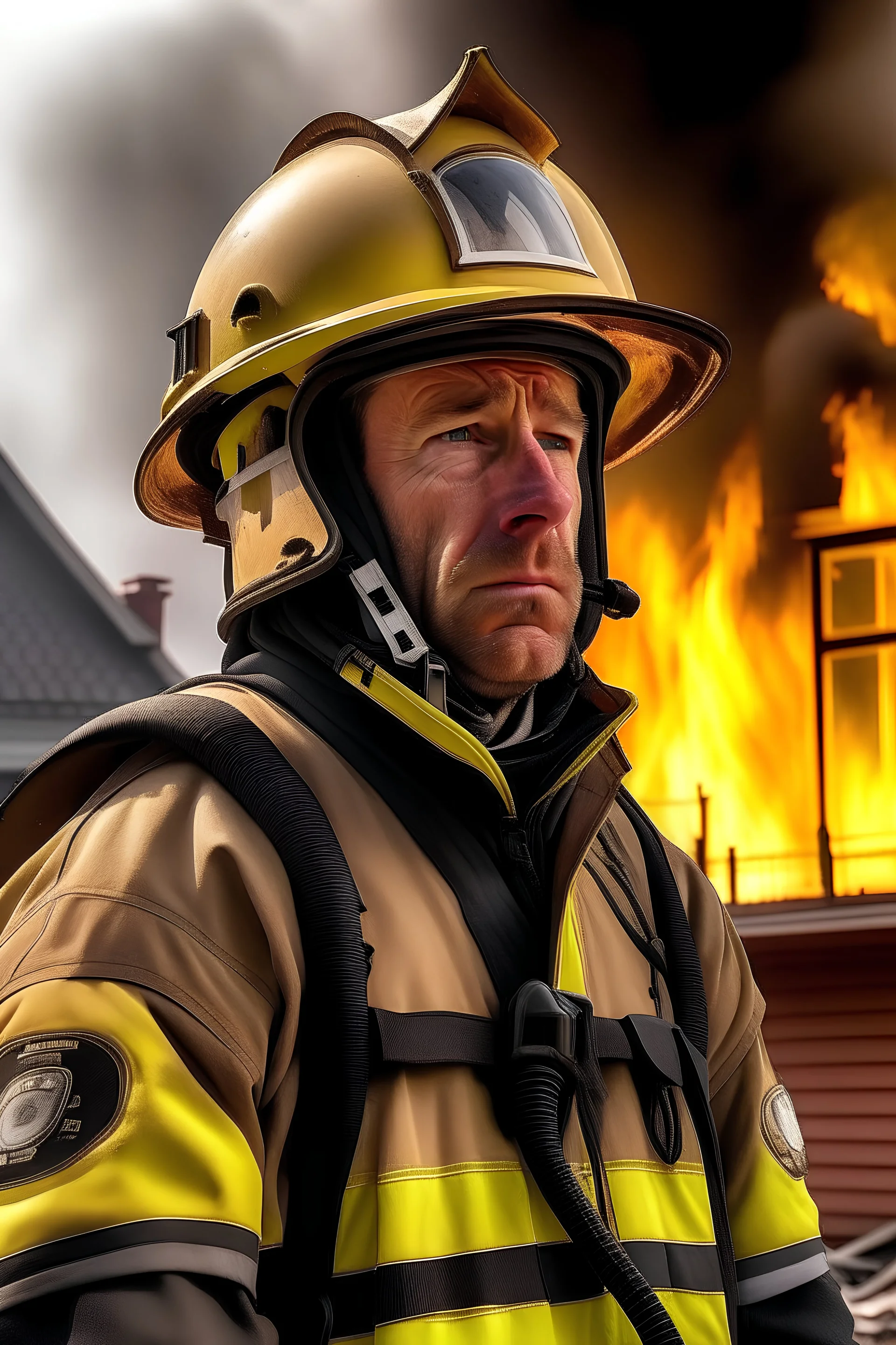 A sad fireman in front of a burning house