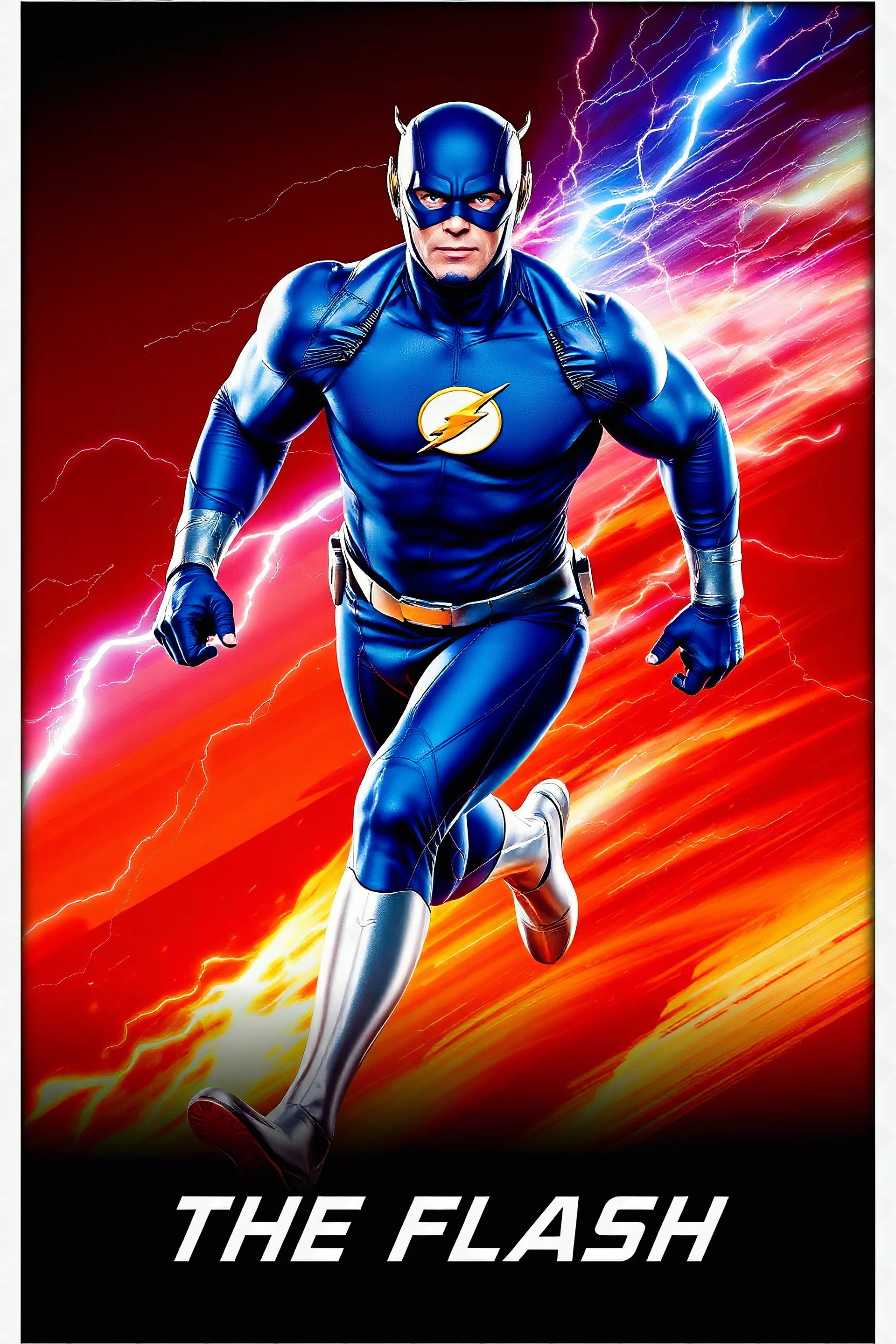 1/4 side view, looking at the viewer, Movie Poster - "THE FLASH" - A massive, thick, extremely muscular, 7'8" tall man, ((skintight, formfitting, long-sleeved, Blue spandex bodysuit:1.5)), ((Silver knee-high boots:1.5)), ((Silver wrist gauntlets, blue fingerless gloves, silver, double holstered utility belt:1.5)), ((skintight, formfitting, blue spandex helmet with blue eye disguise,:1.5)), Running, multicolored lightning emanating from his body, an overly exaggerated muscular stature
