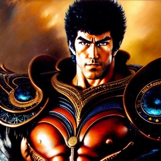 portrait of 'Kenshiro-Fist of the North Star',ancient metal armor , painting by gaston bussiere, greg rutkowski, yoji shinkawa, yoshitaka amano, tsutomu nihei, donato giancola, tim hildebrandt, oil on canvas, cinematic composition, extreme detail,fit full head inside picture,16k