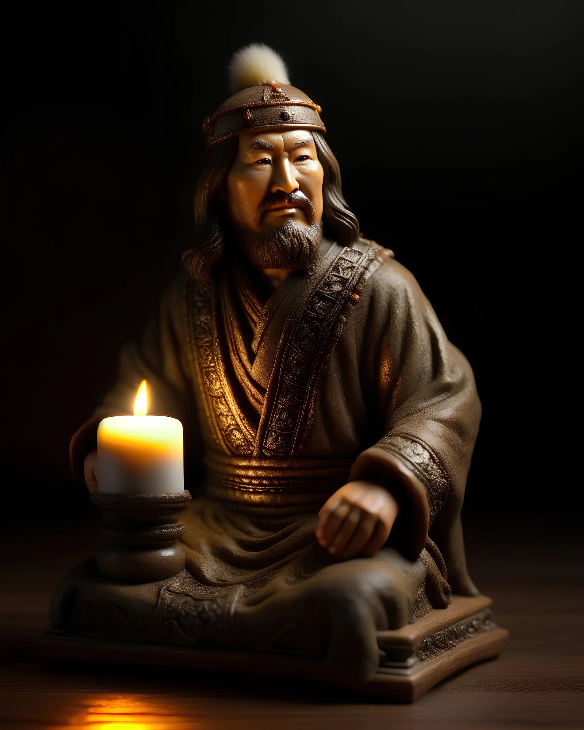 Genghis Khan sitting on a stool candle light