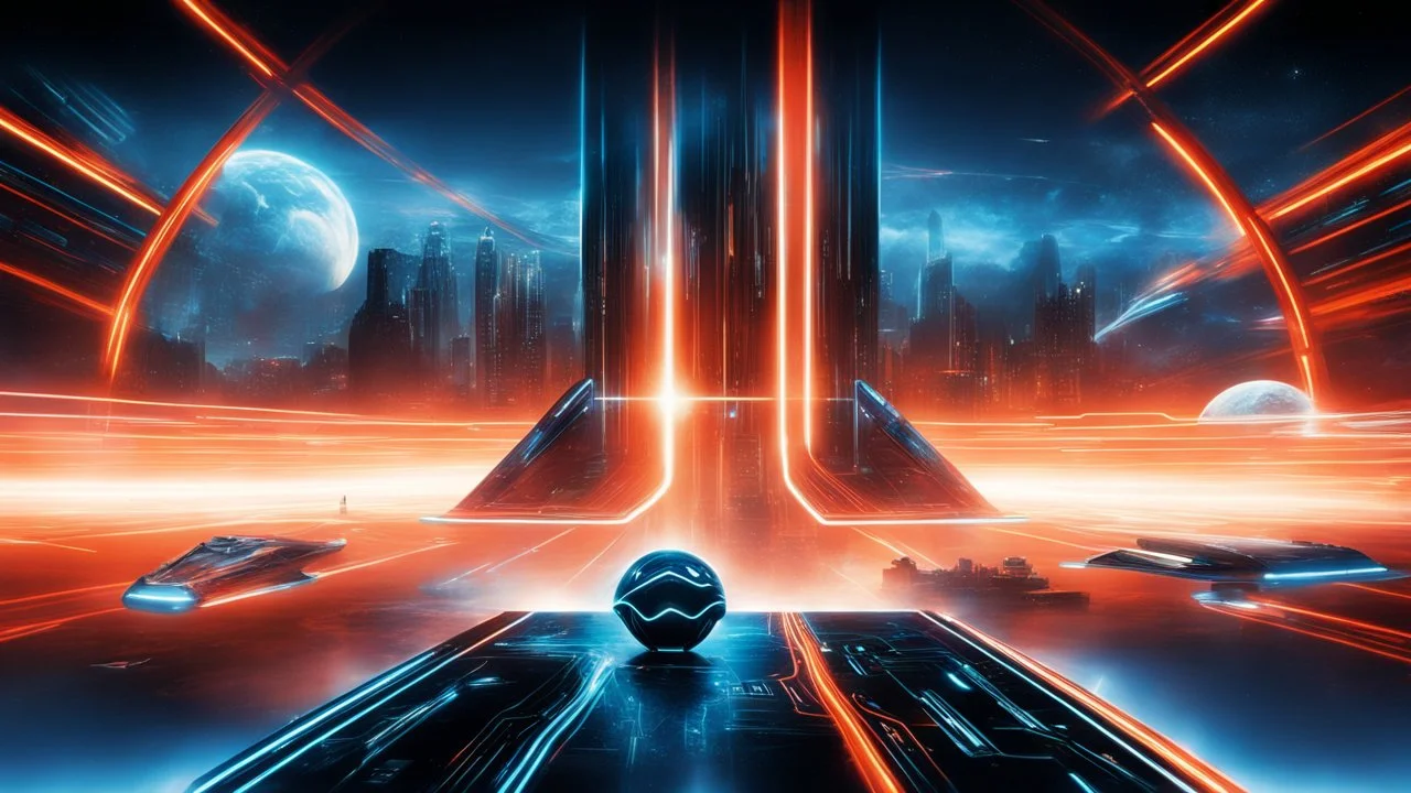 tron legacy movie, city of lights blue, red and orange, programs, space ships, clouds,