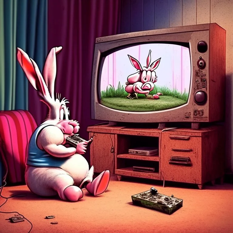 bugs bunny watching a tv about a video game with a pig doing music