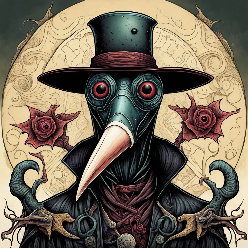 Surreal plague Doctor, by Jason Limon, surreal design, style by Jason Limon, strange, color ink illustration, sharp focus, eerie, artistic