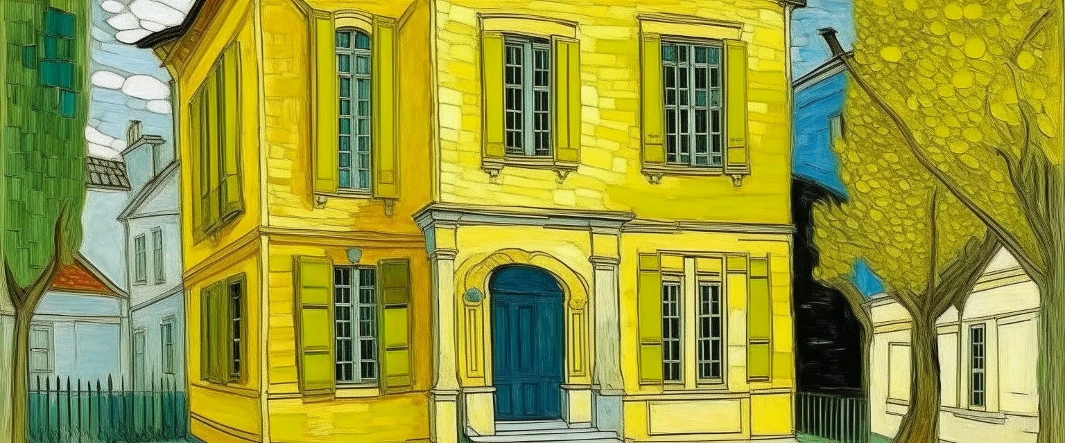 A yellow house in a metropolis in daylight painted by Vincent van Gogh