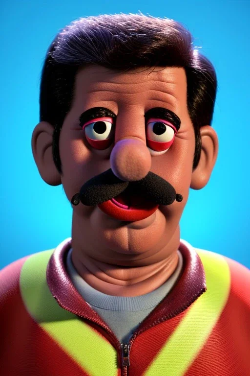 Waist up muppet Portrait, Nicolas maduro us muppet doll, Venezuelan president, tracksuit red blue and yellow, mustache, photo studio, red background, unreal engine 5, concept art, art station, ray tracing, lumen lighting, ultra detail, volumetric lighting, 3d.