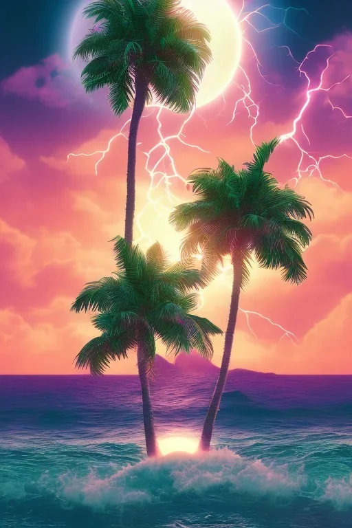 1980's vaporwave aesthetic palm trees with lightning with solar eclipse in the ocean waves sunset