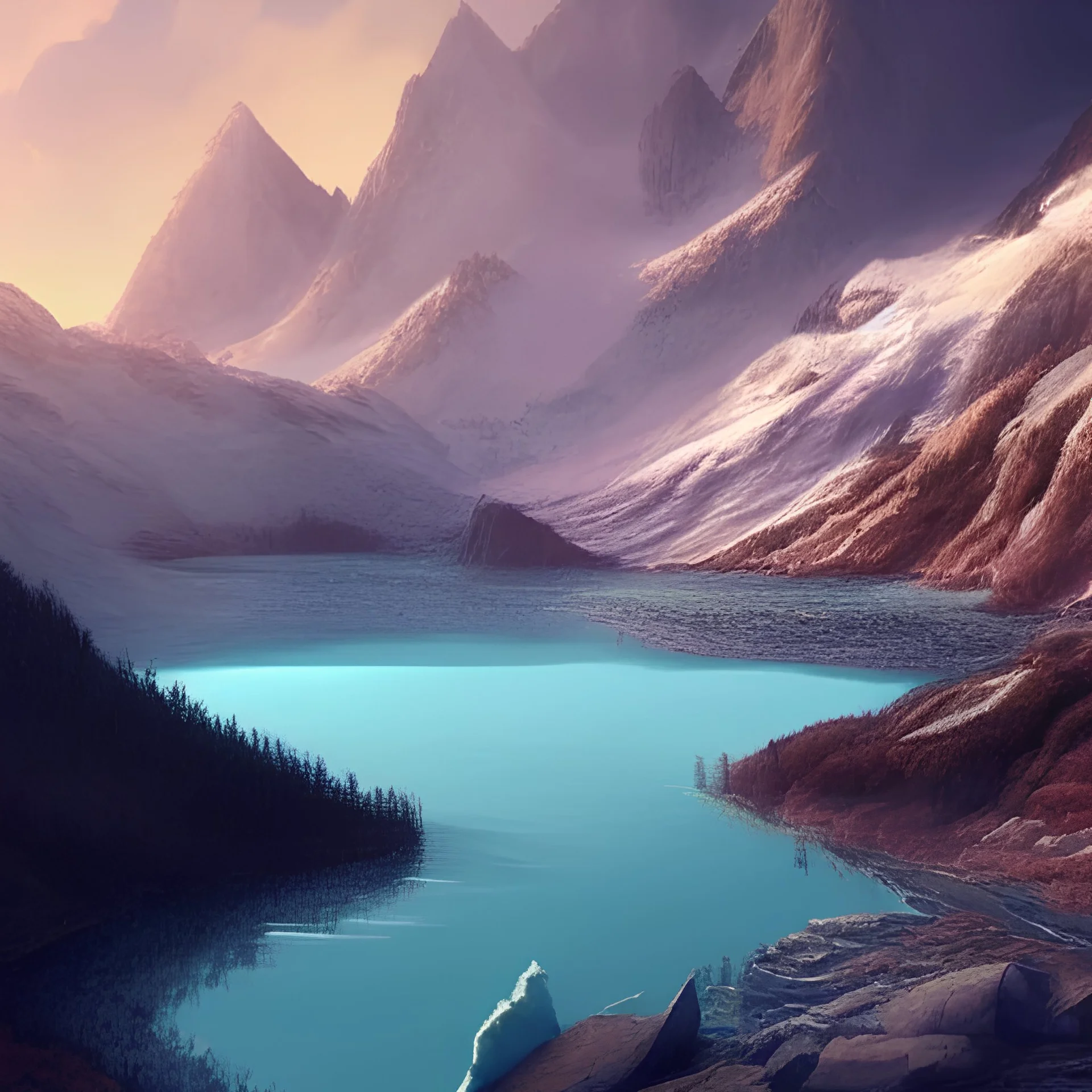 highly detailed glacial lake landscape, sunset, illustration, cinematic lighting, 4k, 8k, octane render, digital concept art, trending on artstation, pinterest, extremely detailed, ambient lighting.