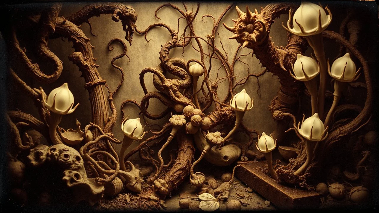 A daguerreotype-style close-up image of a surreal background inspired by Hieronymus Bosch and Max Ernst, featuring twisted organic forms, decaying botanical elements, and strange vegetal growths that seem to pulse with unnatural life. The entire scene is bathed in soft, ambient lighting that creates an otherworldly atmosphere, with areas of deep shadow contrasting against the pale, spectral glow of the figures.