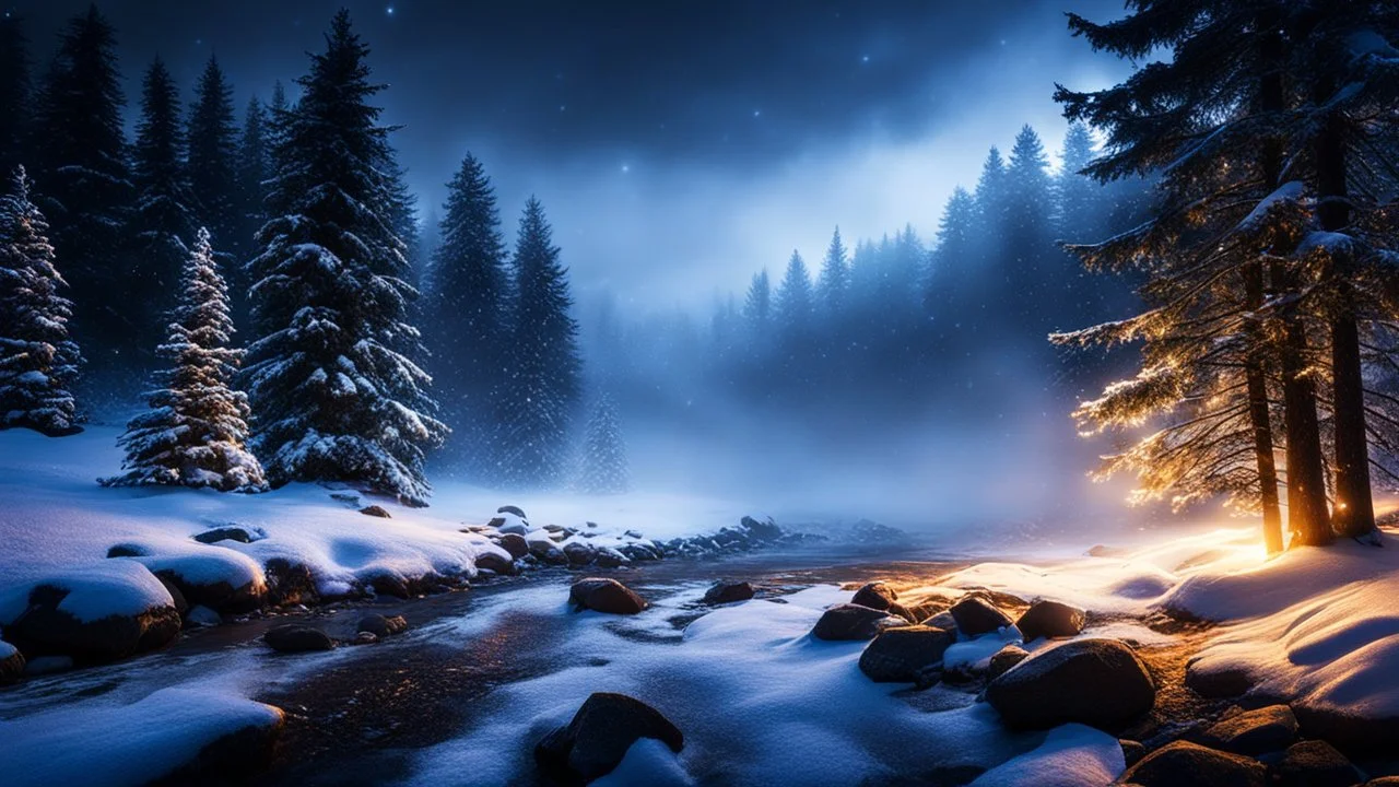 fir forrest scenery, heavy mist,valley,creek,forest,christmas ,tree,,nature,night,snow,fir tree,high-quality photograph,zeiss prime lens, bokeh , high detail, smooth render, unreal engine 5, dust effect, vivid colors,night