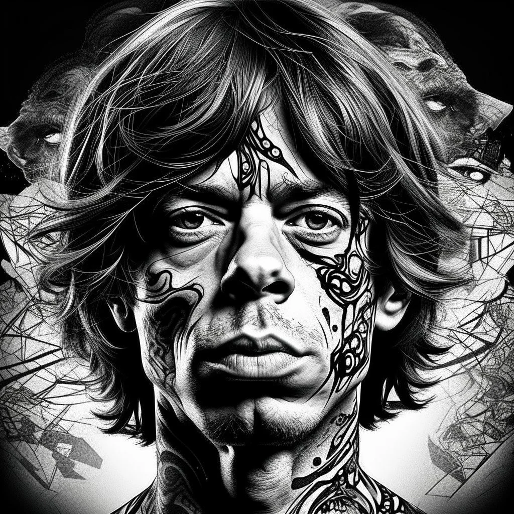 Double exposure high quality ((Replica of the "Tattoo You" Rolling Stones album cover art)) (Black ink Illustration head and shoulders b/w portrait of a 35 year-old Mick_Jagger with slick styled-back hair, three quarters angle, detailed precise maori tattoo all over his face), ((union jack matte background sky)) precise rendering, architectural drafting Modifiers: naive art whimsical