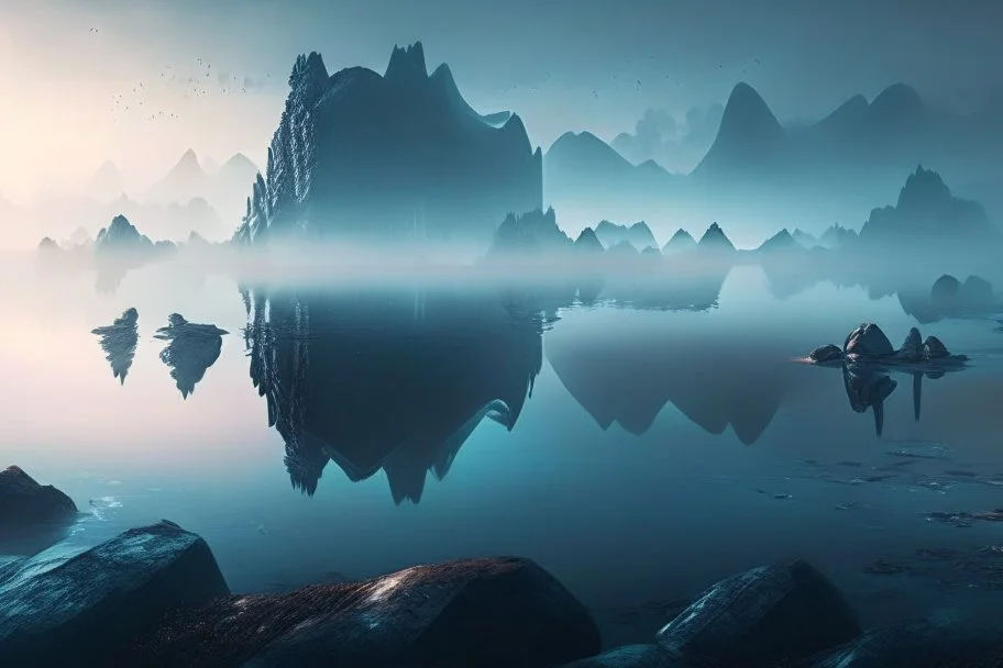 distant city, sea, mist, rocks, lake reflection, epic