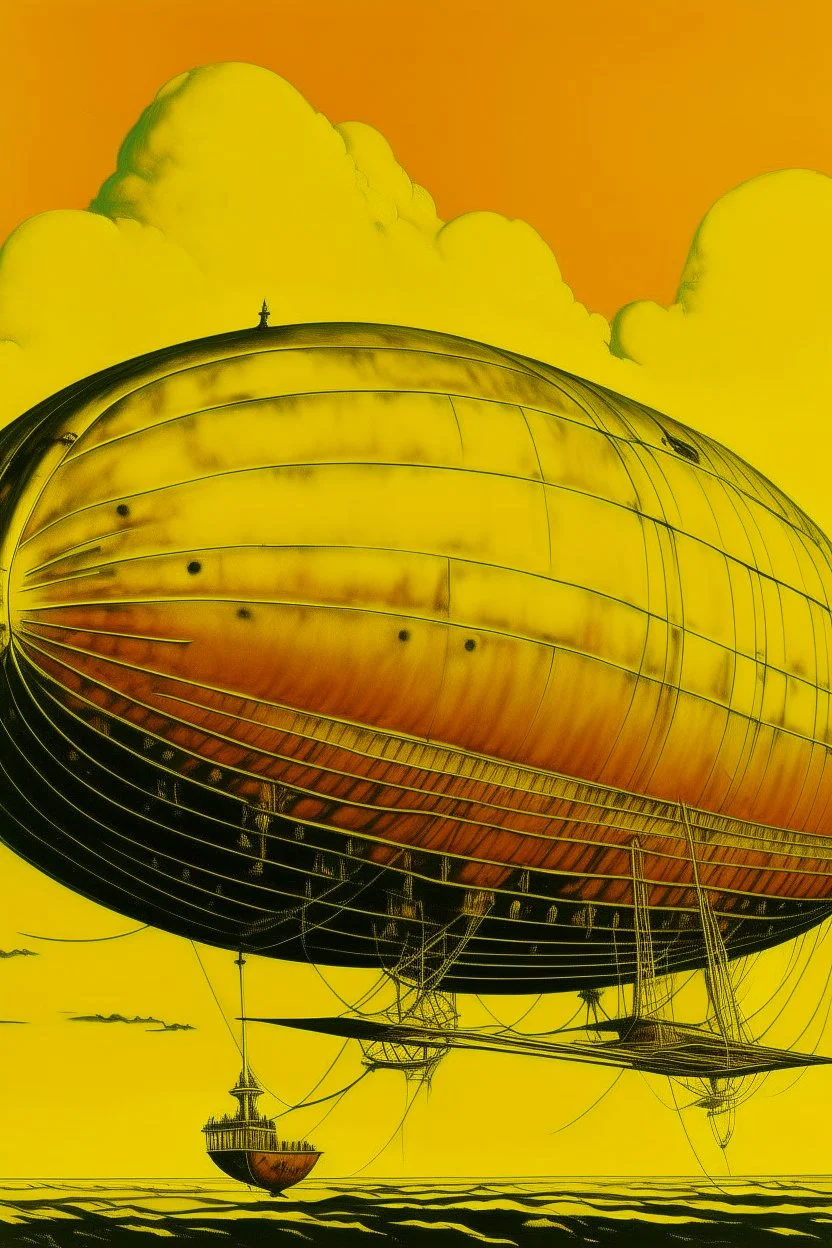 A golden yellow airship in a thunderstorm designed in Kuna molas painted by Andy Warhol