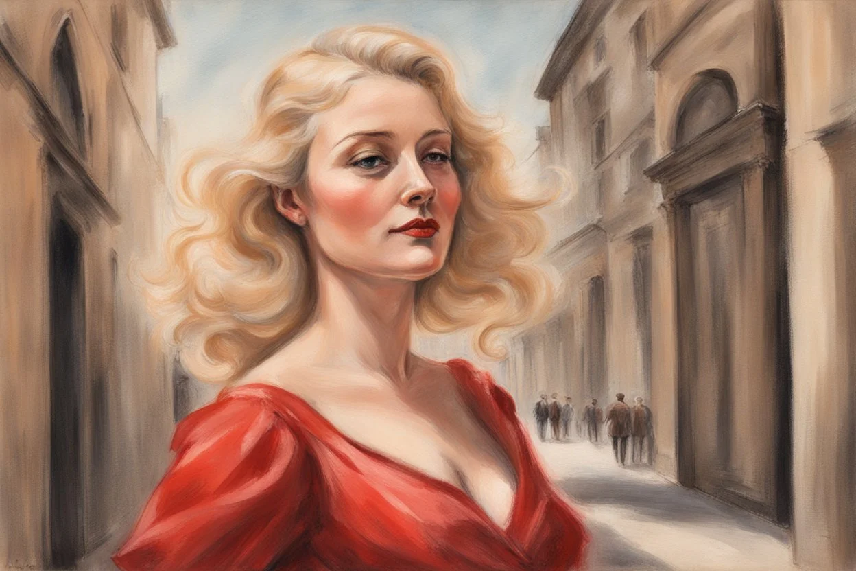 elegant blonde woman in firenze in red costume in sunshine, shading pastel and charcoal