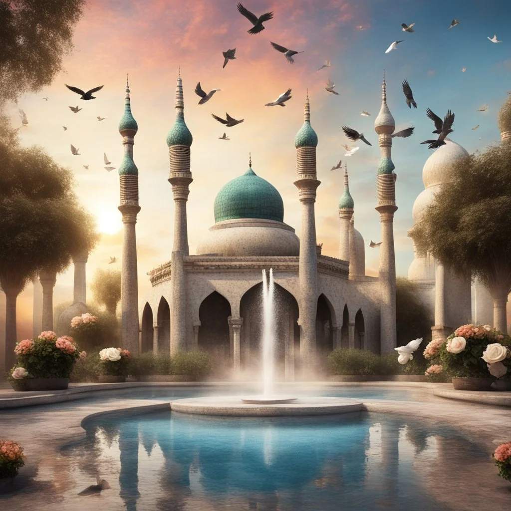 Hyper Realistic multicolor grungy rustic textured Mosque with beautiful fountain & white rose garden with beautiful sunset & birds flying