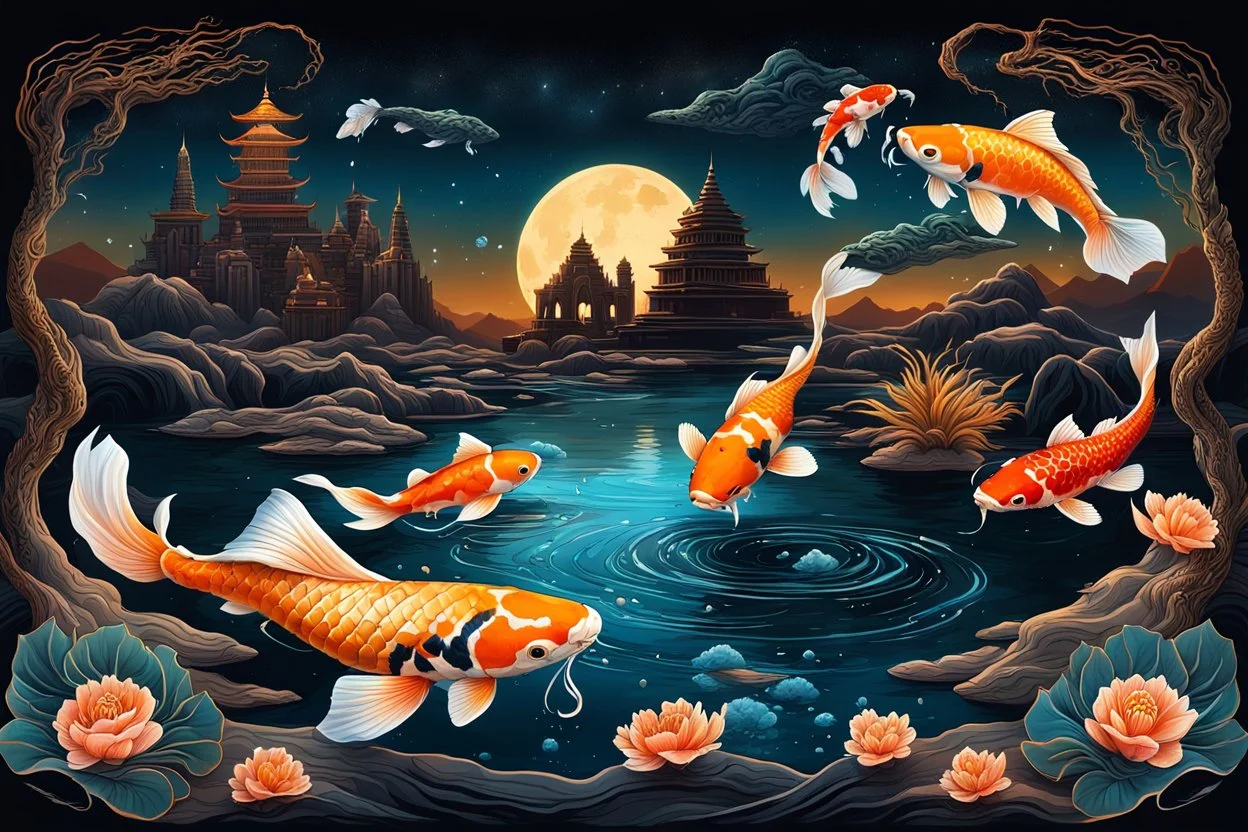 nice vibrant color koi fishes floating and flying on the dark sky over the weird surreal ancient city, around in the desert wird dark plants, death trees, pale light, splash art, melting, deep dark colors with metallic lines.high detailed, cinematic, weird art style ,masterpiece, fantasy, sci-fi concept art, dynamic lighting, hyperdetailed, intricately detailed, Splash screen art, surreal art, crepy stunning