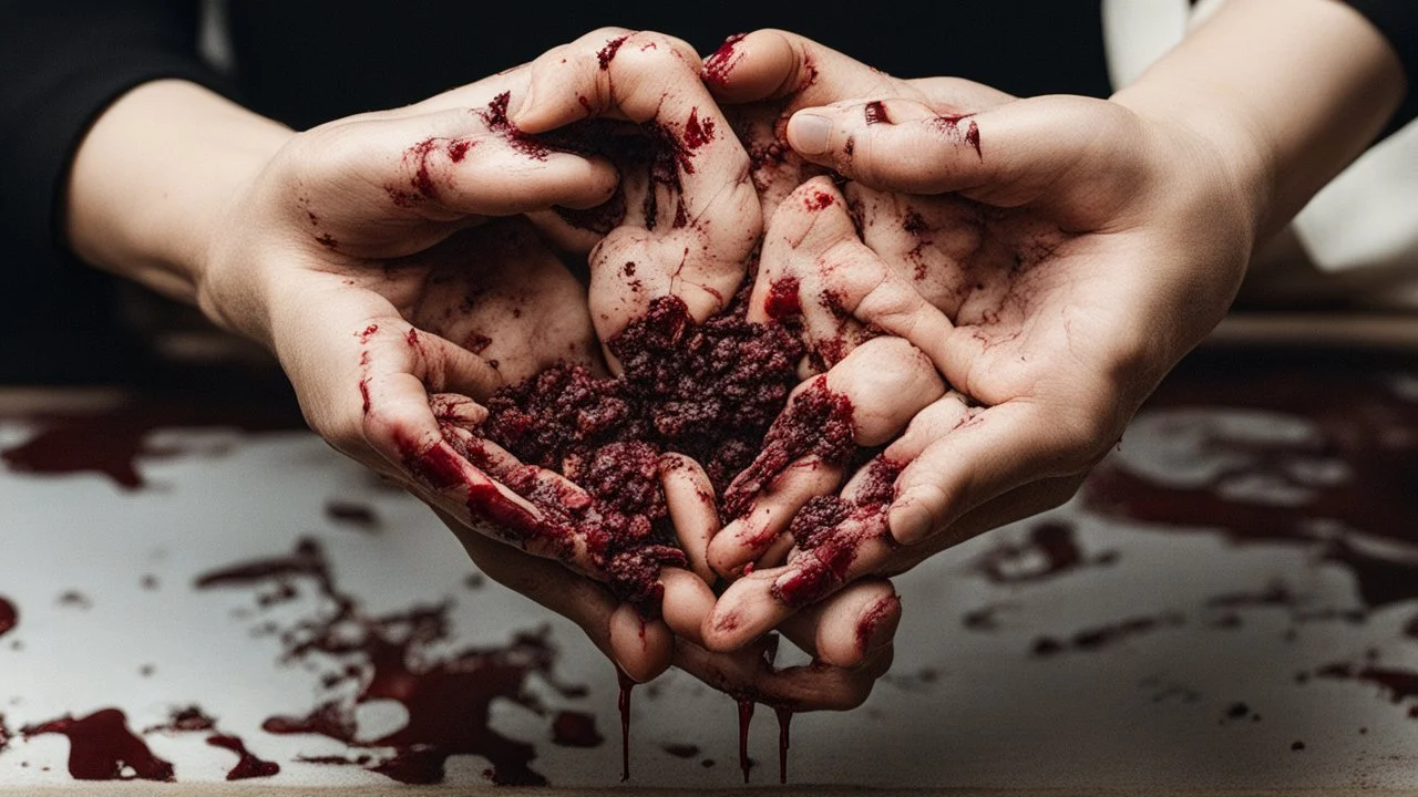 a woman's palms of her hands with dried and caked on blood all over them